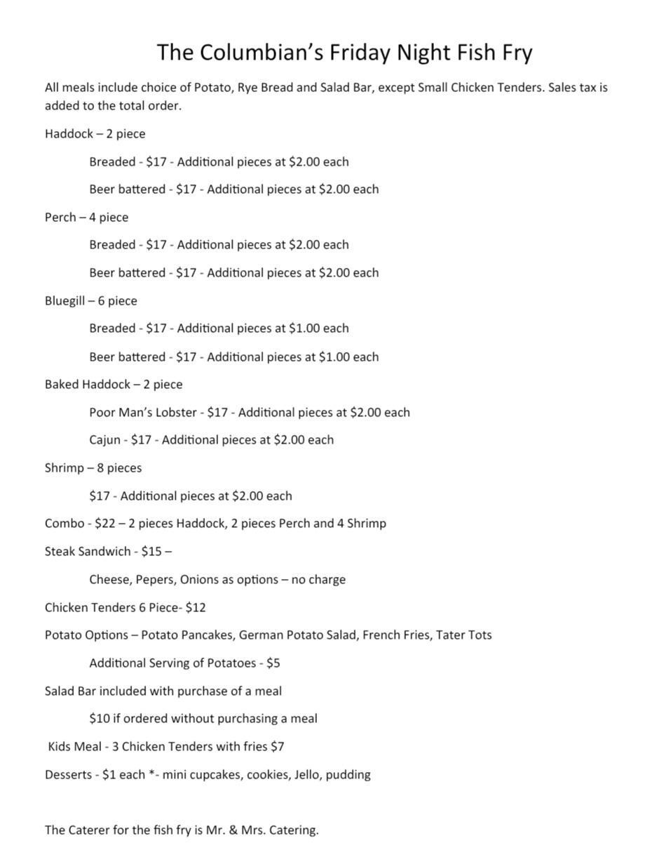 menu for fish fry